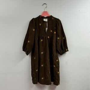 Corduroy Babydoll Dress with Floral Embroidery -  K0485